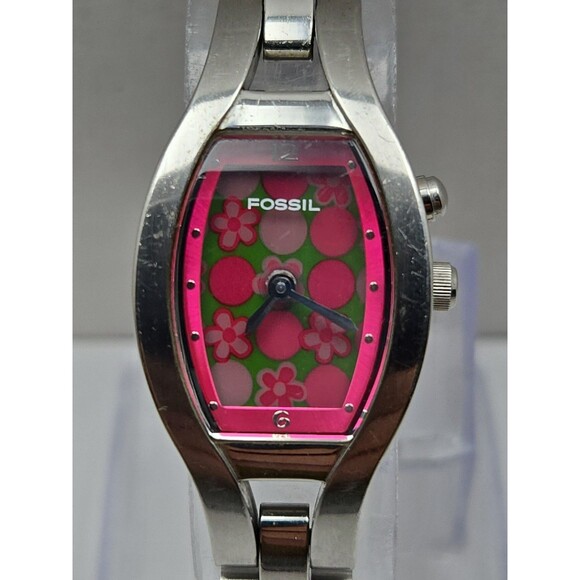Rare Vintage Fossil Big Tic Pink Floral Animated Silver Womens Watch New Battery main image 4